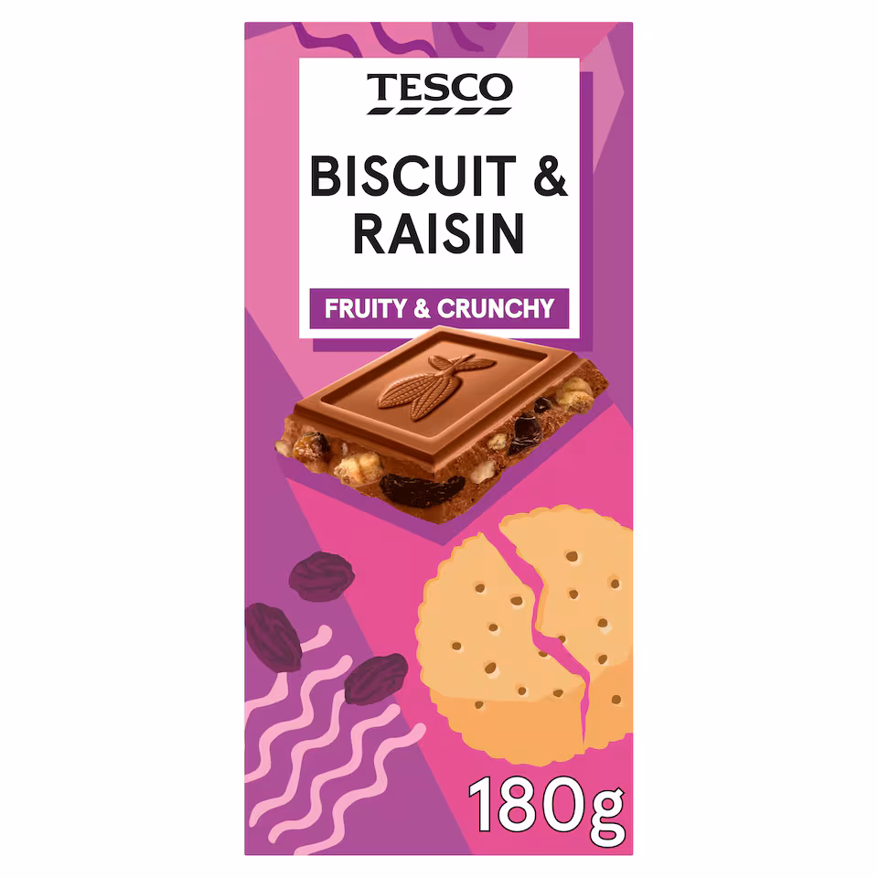 Tesco Biscuit & Raisin Loaded Milk Chocolate 180g