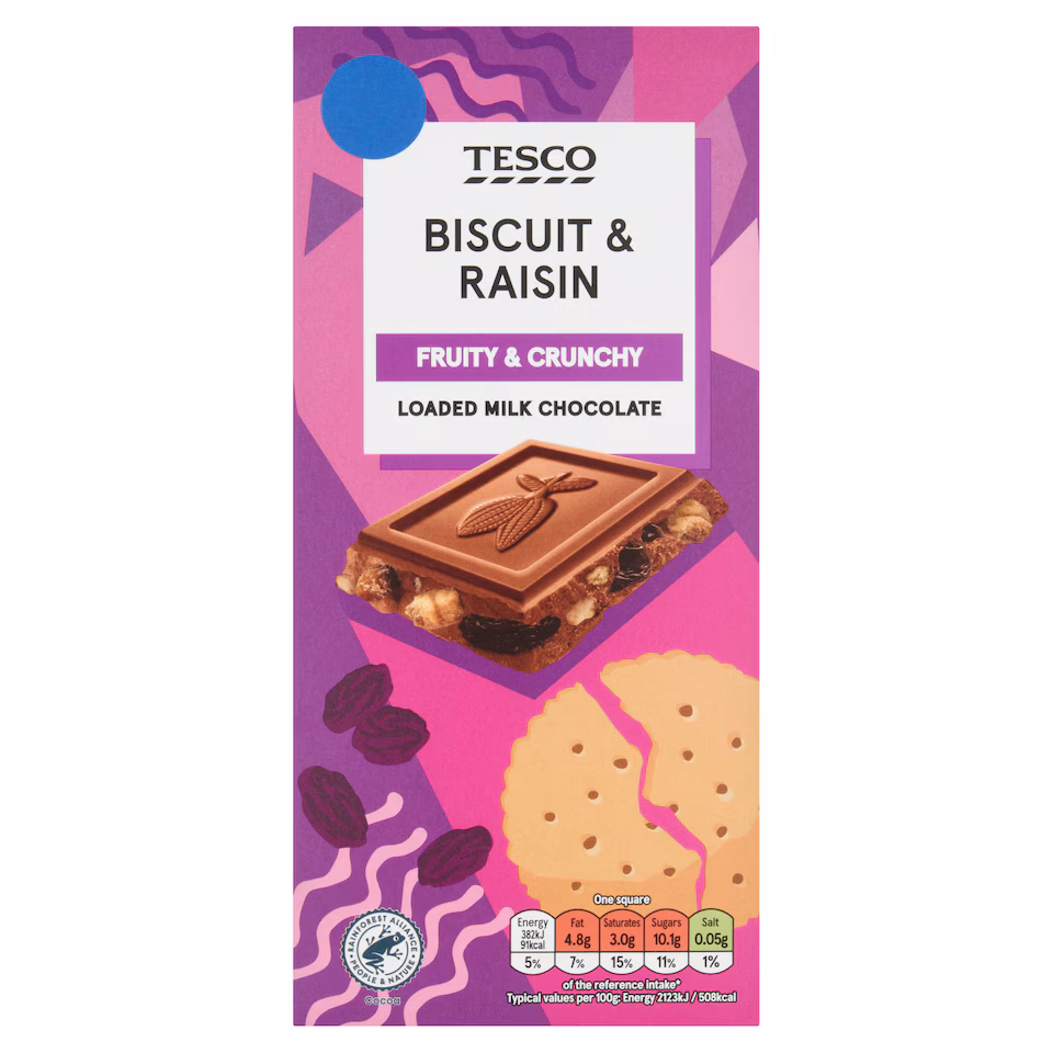 Tesco Biscuit & Raisin Loaded Milk Chocolate 180g