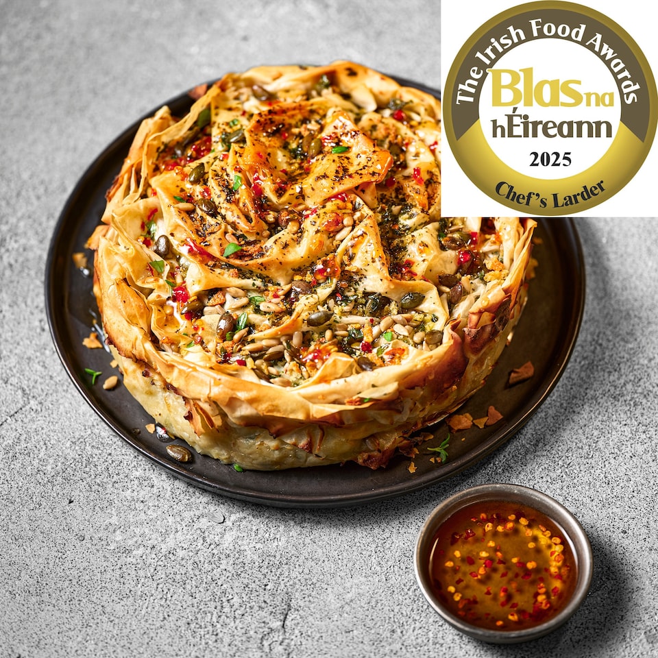 63. Tesco Finest Chef’s Collection Feta, Spinach & Celeriac Spanakopita with Hot Honey Drizzle 1kg (Serves 4)