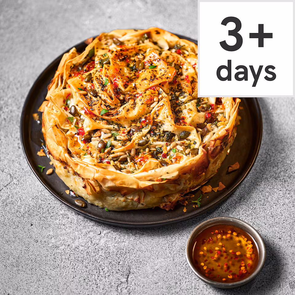 61. Tesco Finest Chef’s Collection Feta, Spinach & Celeriac Spanakopita with Hot Honey Drizzle 1kg (Serves 4)
