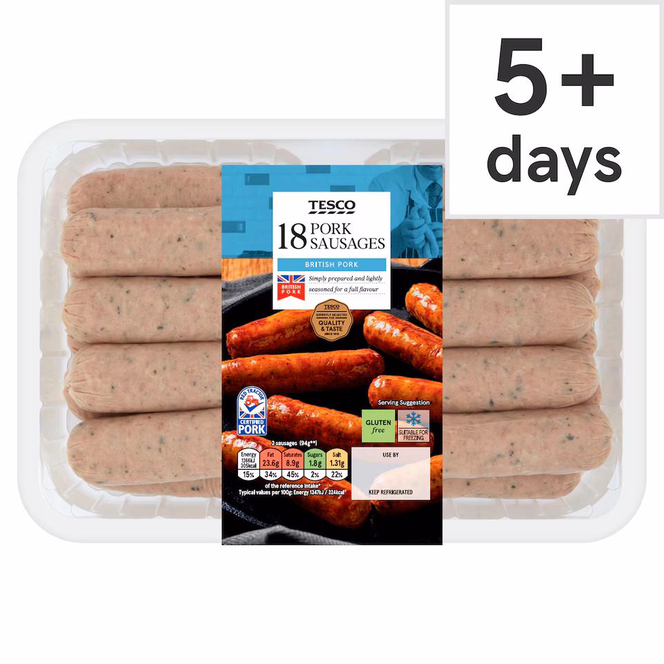 Tesco 18 Pork Sausages 1.022Kg