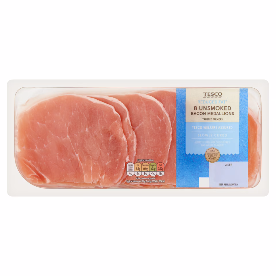 Tesco Reduced Fat & Salt 8 Bacon Medallions Unsmoked 240g