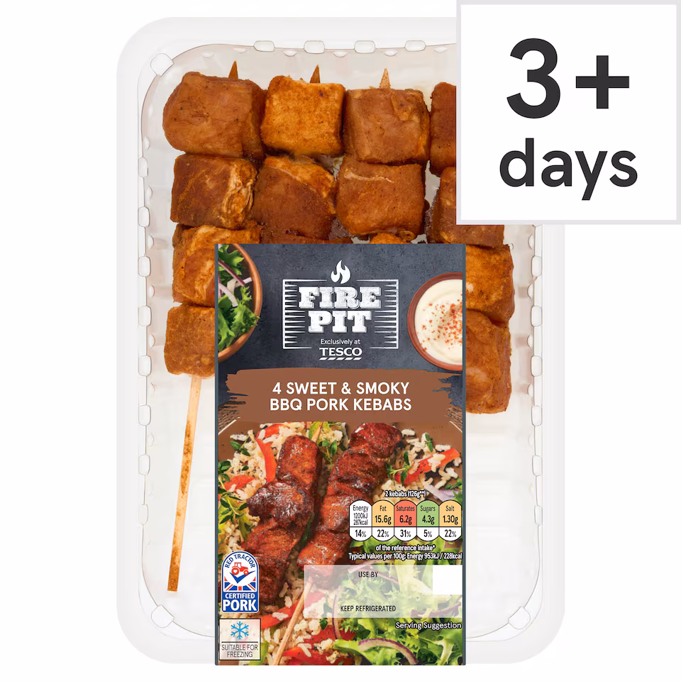 Tesco Fire Pit 4 Sweet & Smoky Pork Kebabs 340G