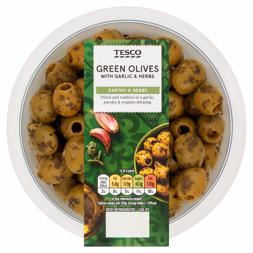 Tesco Green Olives With Garlic & Herbs 300G