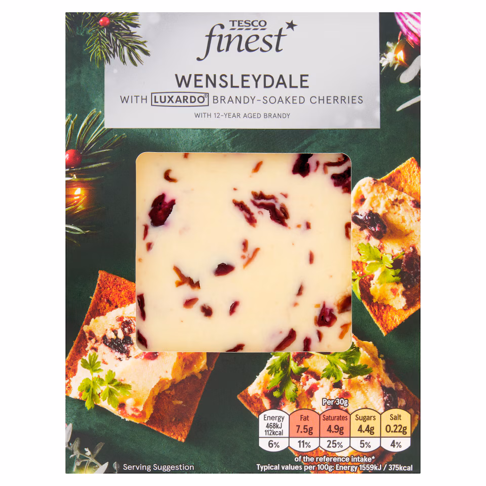 TESCO FINEST WENSLEYDALE WITH BRANDY SOAKED CHERRIES 180G