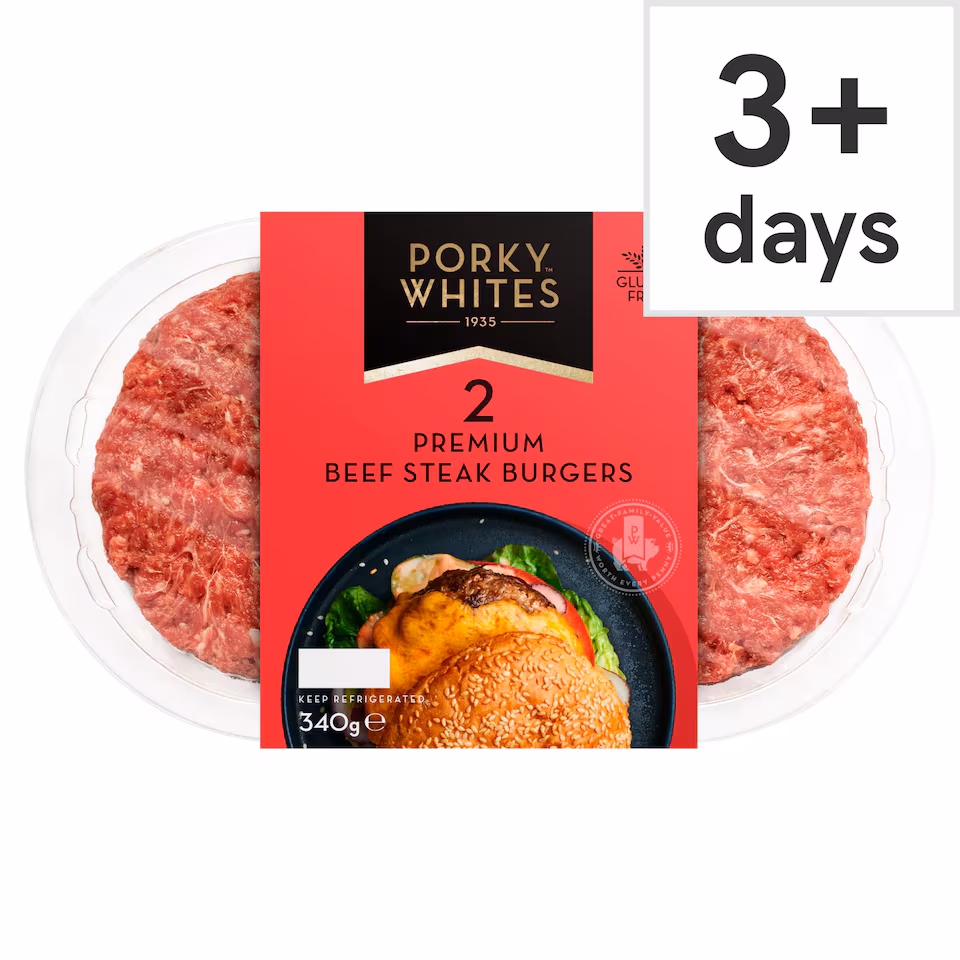 Porky Whites 2 Premium Beef Steak Burgers 340g