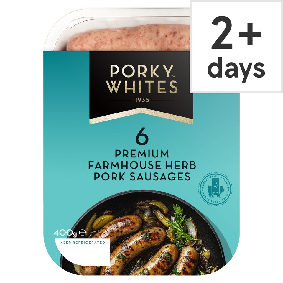PORKY WHITES 6 PREMIUM FARMHOUSE HERB PORK SAUSAGES 400G