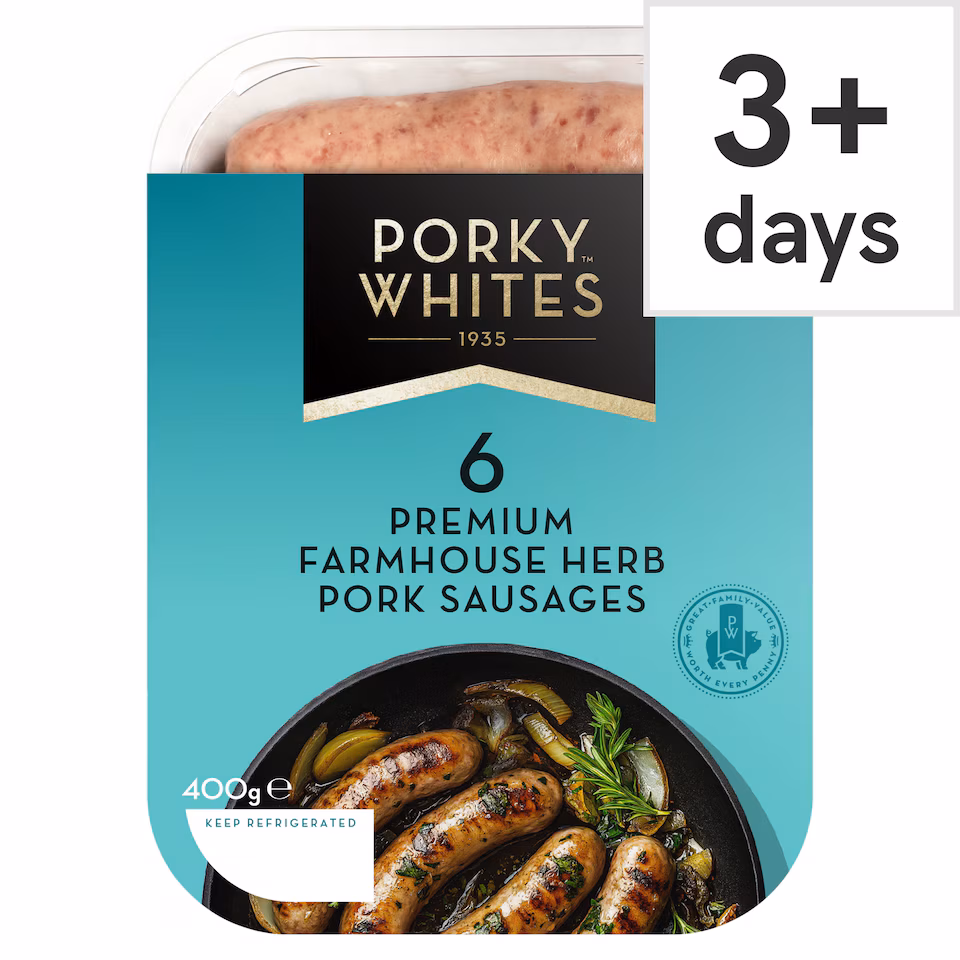 PORKY WHITES 6 PREMIUM FARMHOUSE HERB PORK SAUSAGES 400G