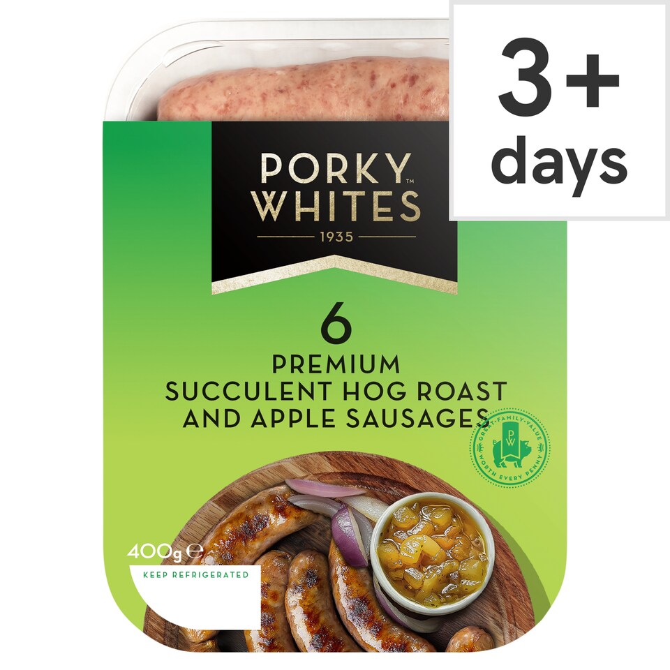 PORKY WHITES 6 PREMIUM SUCCULENT HOG ROAST AND APPLE SAUSAGES 400G