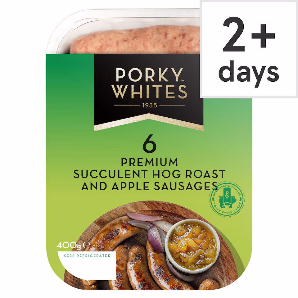 PORKY WHITES 6 PREMIUM SUCCULENT HOG ROAST AND APPLE SAUSAGES 400G