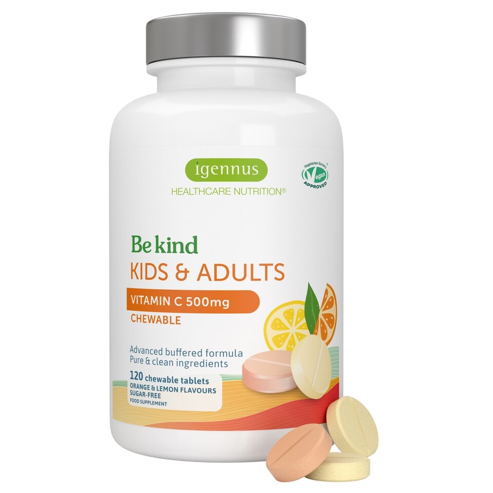 Igennus Vitamin C Sugar-Free Chewable 500mg, Kids & Adults, Orange and Lemon Flavours, 120 Tablets