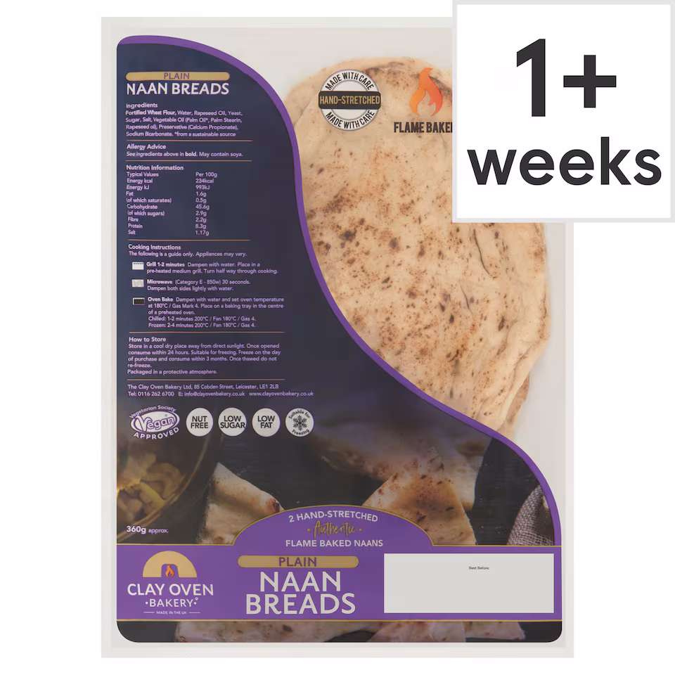 Clay Oven Bakery Plain Naan Bread 2 Pack 360g