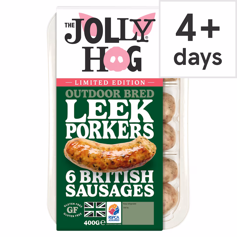 The Jolly Hog Outdoor Bred Leek Porkers 6 British Sausages 400G