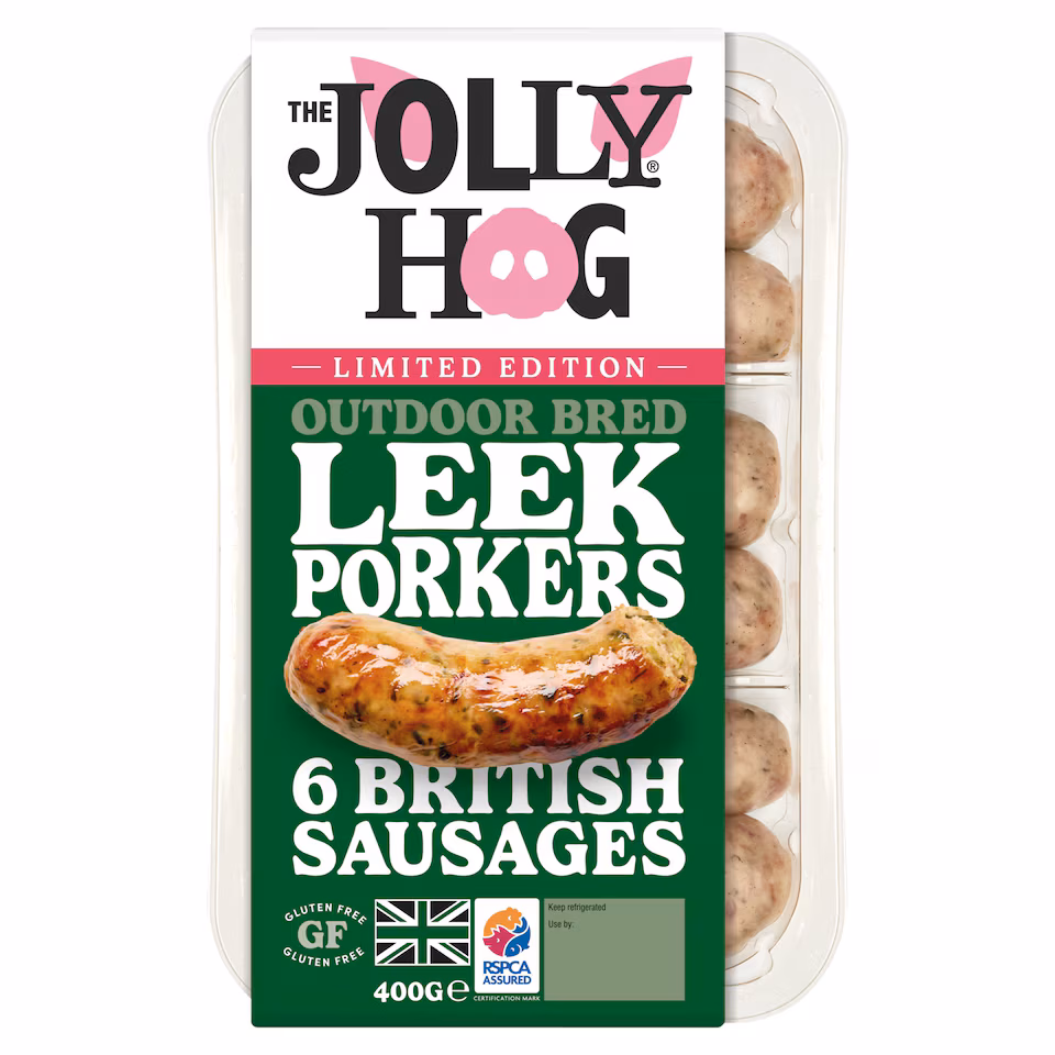The Jolly Hog Outdoor Bred Leek Porkers 6 British Sausages 400G