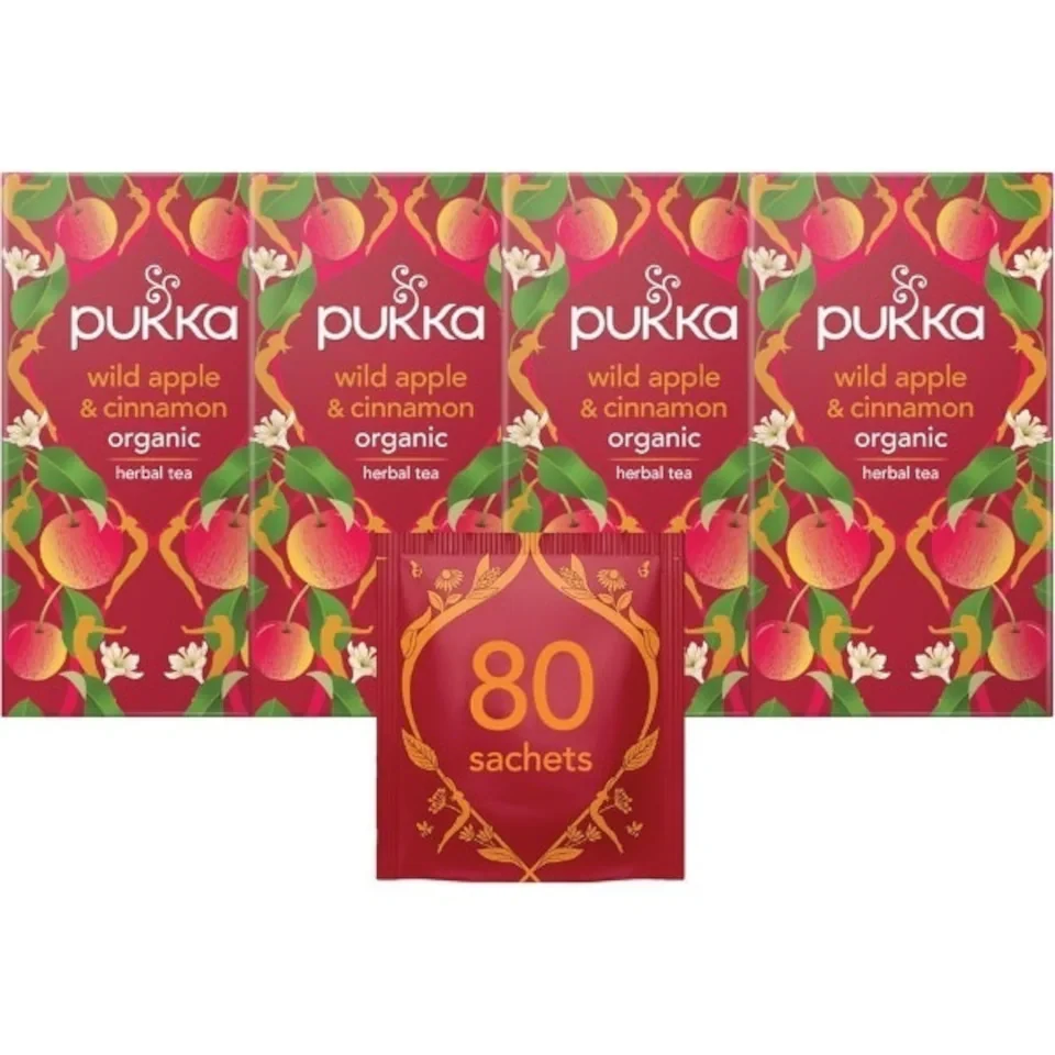 Pukka Herbs Organic Herbal Tea, Apple & Cinnamon, 4 Packs, 80 Teabags | Red | 4
