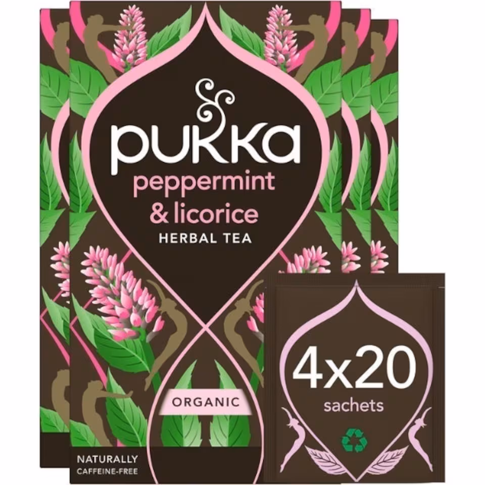 Pukka Herbs Organic Herbal Tea, Peppermint & Liquorice, 4 Packs, 80 Teabags | Brown | 4