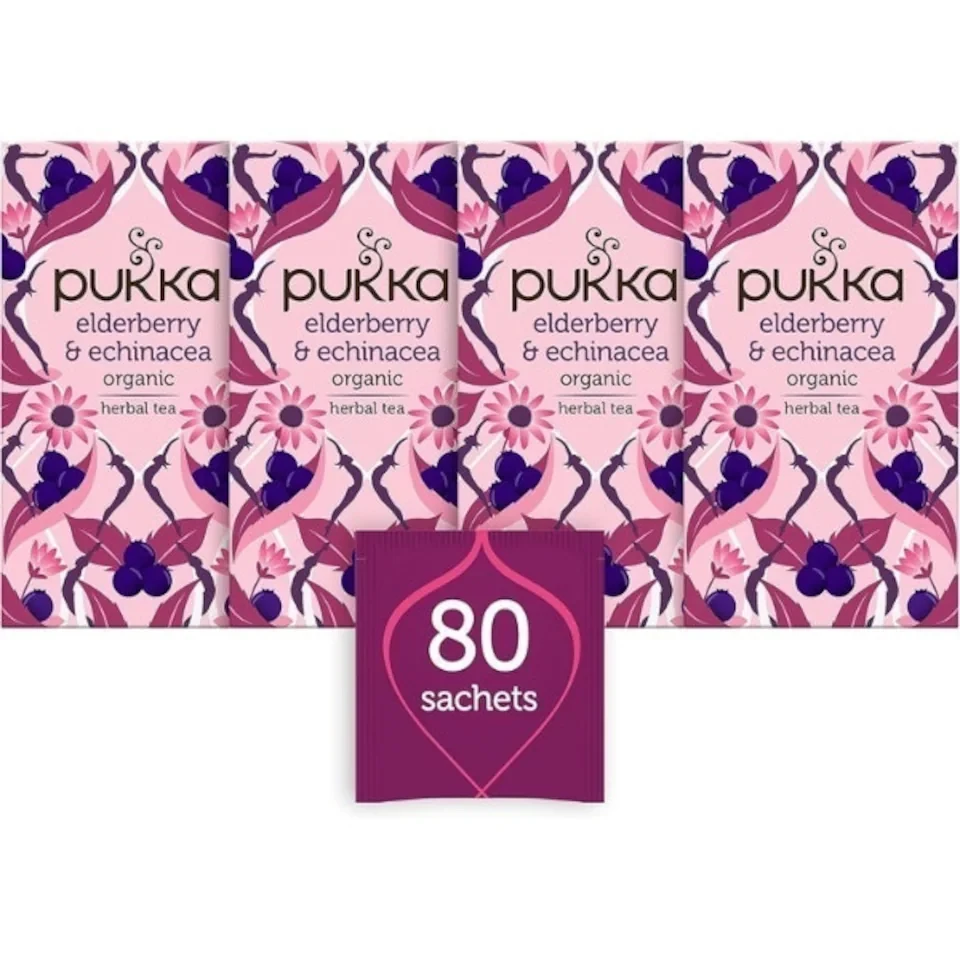Pukka Herbs Organic Herbal Tea, Elderberry & Echinacea, 4 Packs, 80 Teabags | Pink | 4