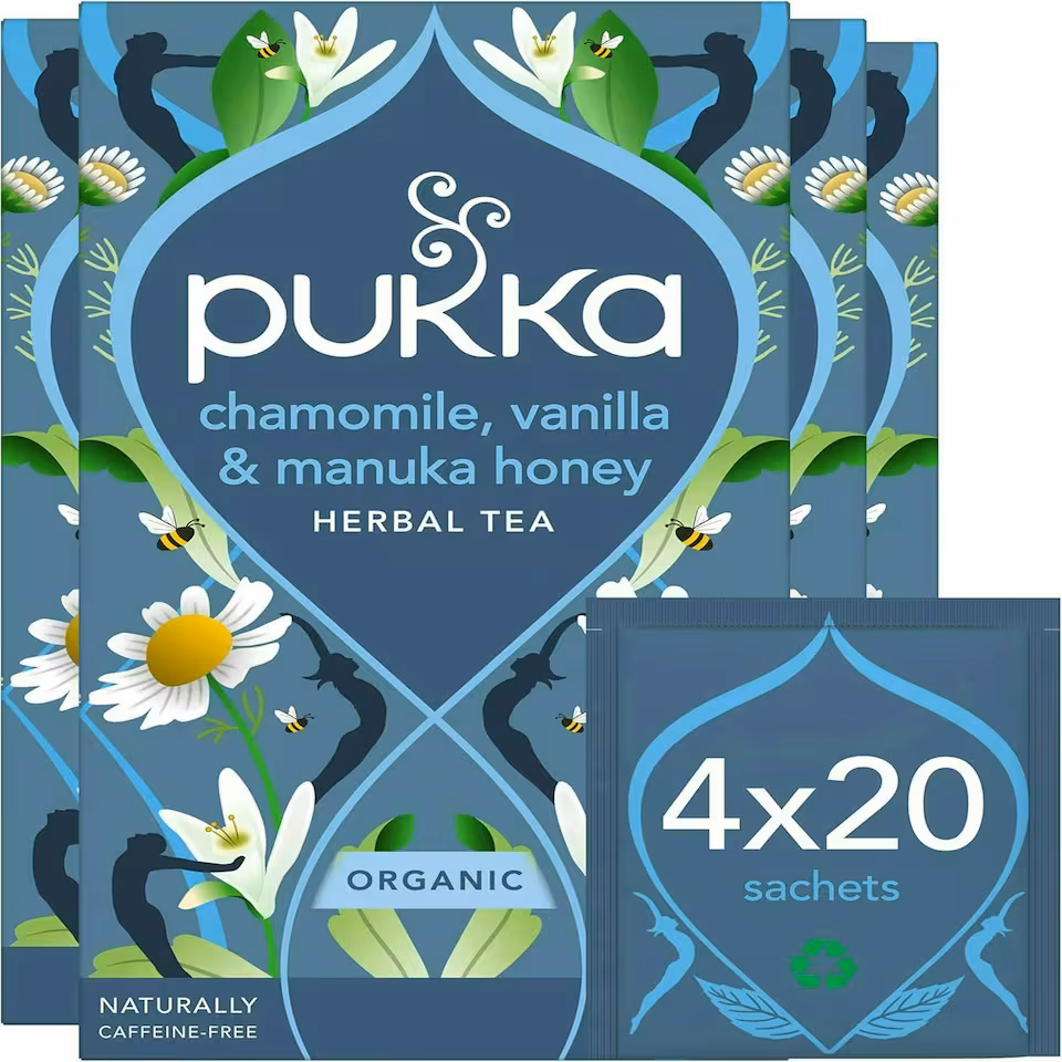 Pukka Herbs Organic Herbal Tea, Chamomile Vanilla & Manuka Honey, 4 Pack, 80 Teabags | Blue | 4
