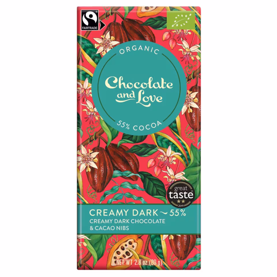Creamy Dark Chocolate with Cocoa Nibs, Organic 80g (Chocolate and Love)