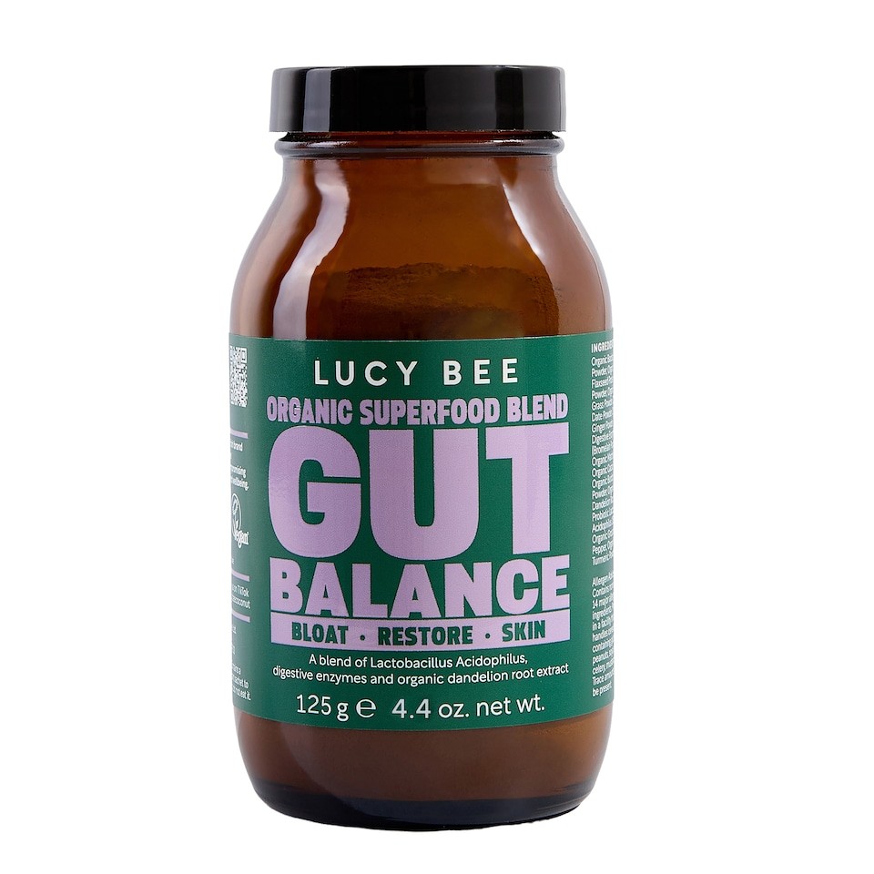 Lucy Bee Organic Gut Balance Powder, 10 Billion Live Probiotic Cultures, Fibre & Digestive Enzymes, Glass Jar 125g