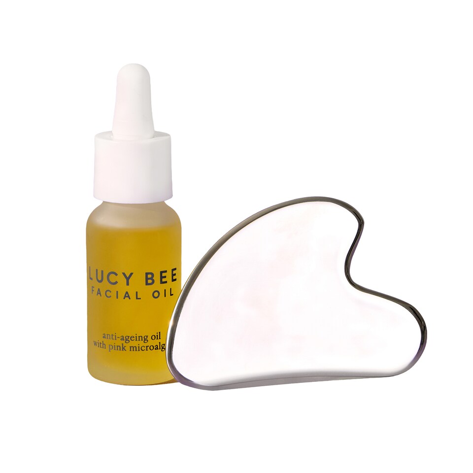 Lucy Bee Facial Massage Kit, Stainless Steel Gua Sha & Hydrating Facial Oil 18ml
