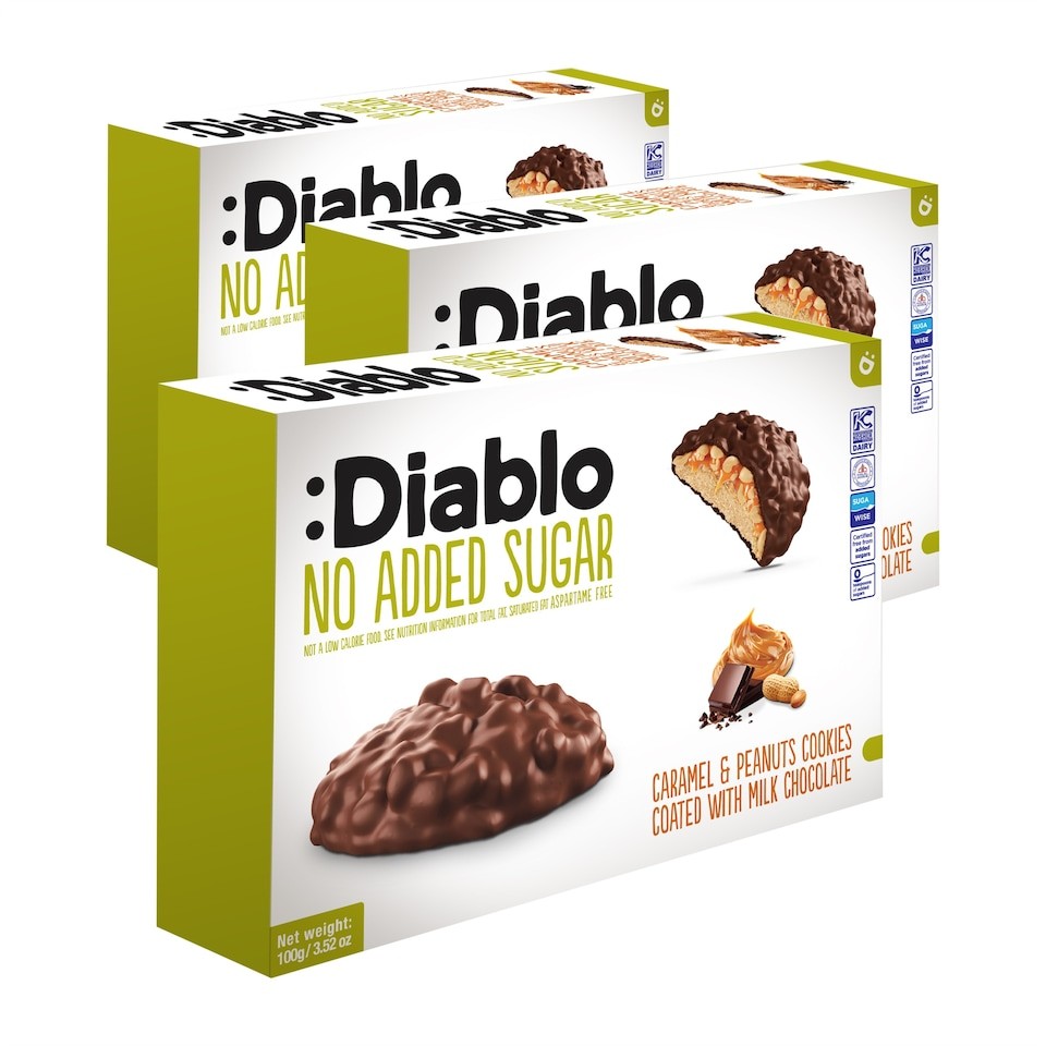 Diablo No Added Sugar Chocolate Caramel and Peanut Cookies 100g 3 Pack
