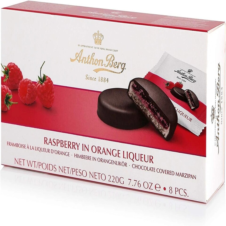 Anthon Berg Raspberry in Orange liquer chocolate covered marzipan 220g
8 pieces