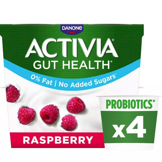 Activia Raspberry Fat Free No Added Sugar Gut Health Fruit Yoghurt Multipack 4 x 115g