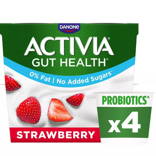 Activia Strawberry Fat Free No Added Sugar Gut Health Fruit Yoghurt Multipack 4 x 115g