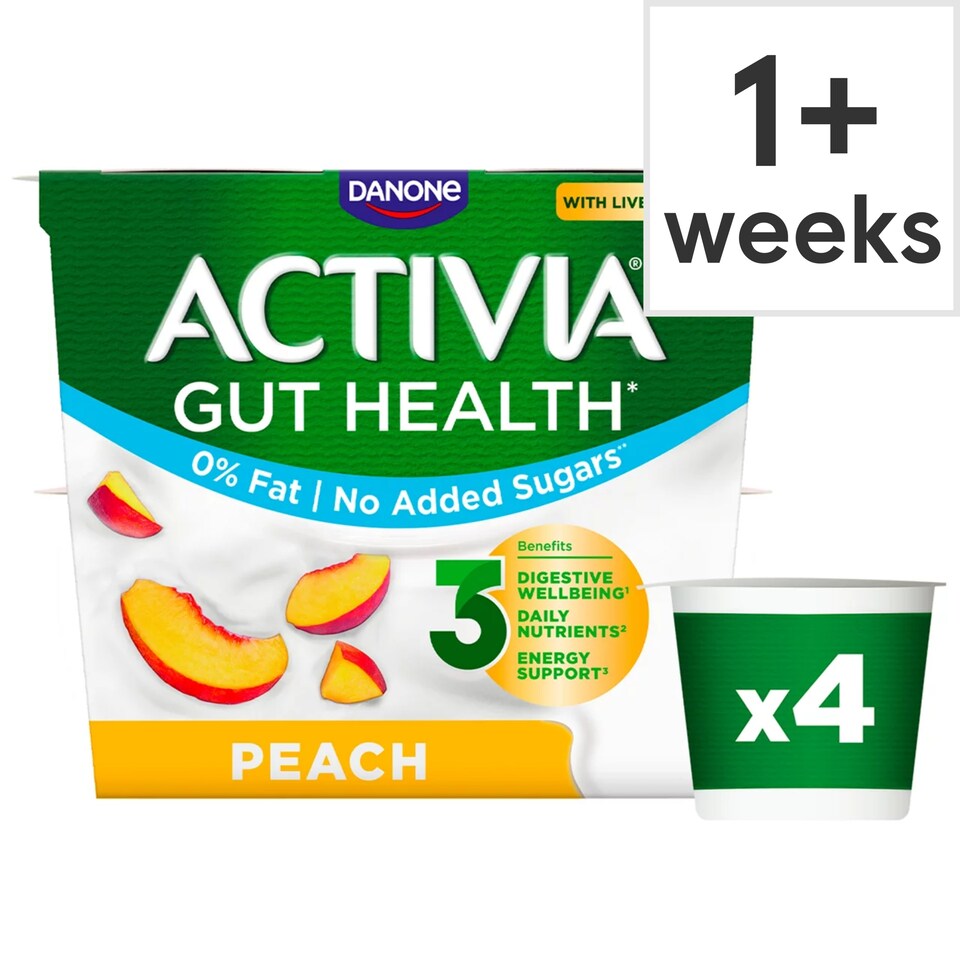Activia Peach No Added Sugar Fat Free Gut Health Yoghurt Multipack 4x115g