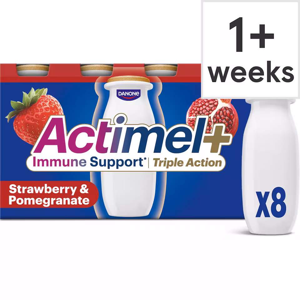 Actimel+ Triple Action 100% Vitamin D Strawberry & Pomegranate Yoghurt Drink 8x100g