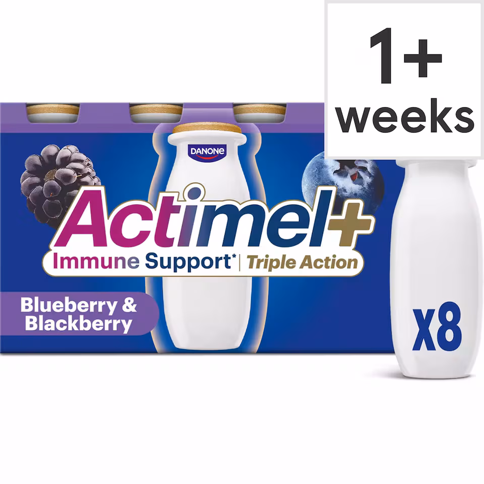 Actimel+ Triple Action 100% Vitamin D Blueberry & Blackberry Yoghurt Drink 8x100g