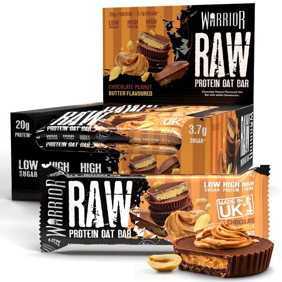 Warrior RAW Protein Bars 12 x 75g – 20g High Protein Bar, Low Sugar High Fibre Oat Protein Flapjack – Protein Snacks, Meal Replacement Bars (Chocolate Peanut Butter)