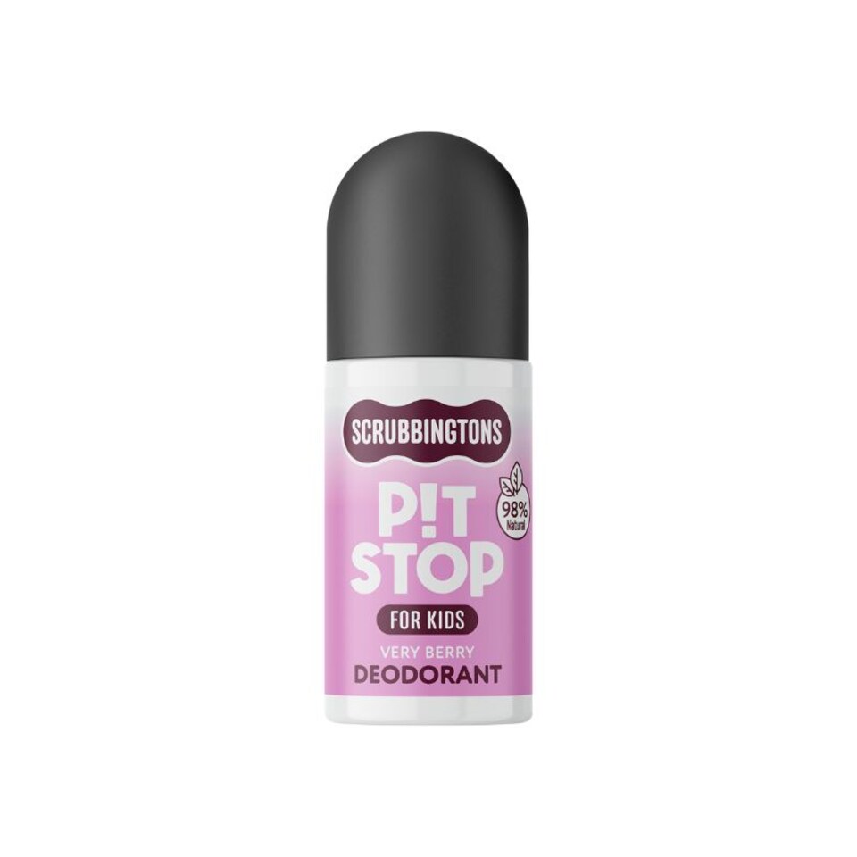 Scrubbingtons Pit Stop Kids Deodorant Natural Roll On For Children, Teens Natural Ingredients For Sensitive Skin Paediatrician approved, Aluminium & Alcohol Free, Very Berry 75ml