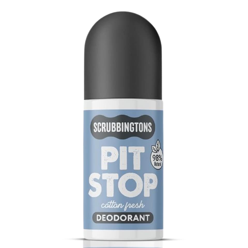 Scrubbingtons Pit Stop Natural Deodorant For Women, Men, Roll on For Sensitive Skin Paediatrician approved, Aluminium & Alcohol Free, Vegan & Cruelty Free, Cotton Fresh, 75ml