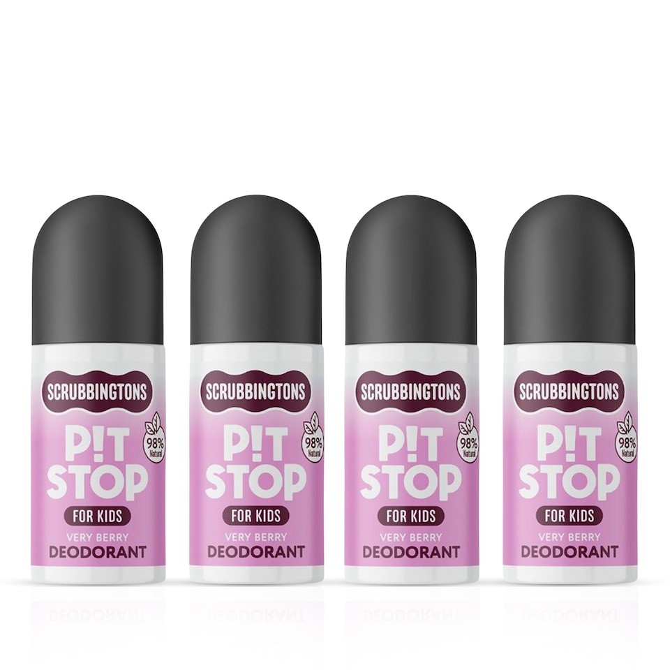 Scrubbingtons Pit Stop Kids Deodorant Natural Roll On For Children, Teens Natural Ingredients For Sensitive Skin Paediatrician approved, Aluminium & Alcohol Free, Very Berry 75ml x 4 | White | White | 4