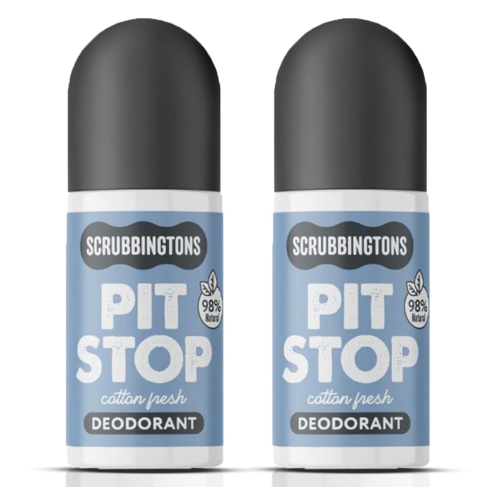 Scrubbingtons Pit Stop Natural Deodorant For Women, Men, Roll on For Sensitive Skin Paediatrician approved, Aluminium & Alcohol Free, Vegan & Cruelty Free, Cotton Fresh, 75ml x 2 | White | 2