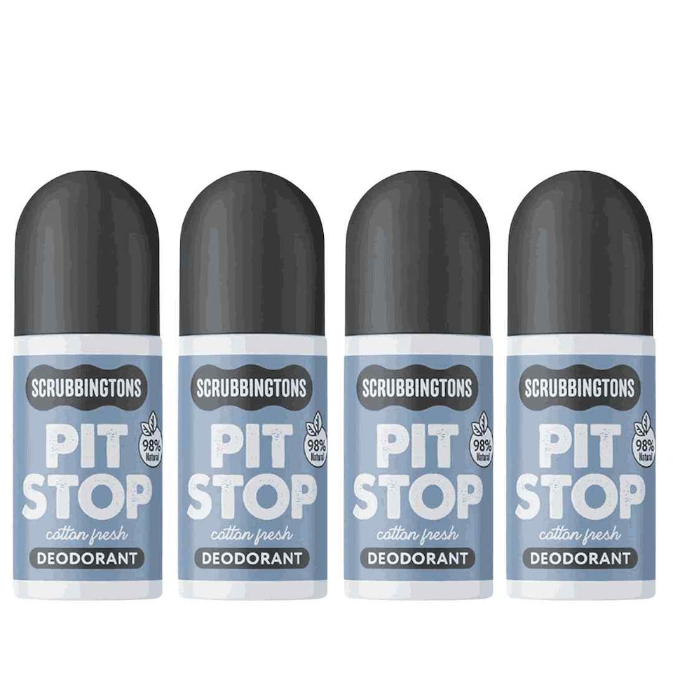 Scrubbingtons Pit Stop Natural Deodorant For Women, Men, Roll on For Sensitive Skin Paediatrician approved, Aluminium & Alcohol Free, Vegan & Cruelty Free, Cotton Fresh, 75ml x 4