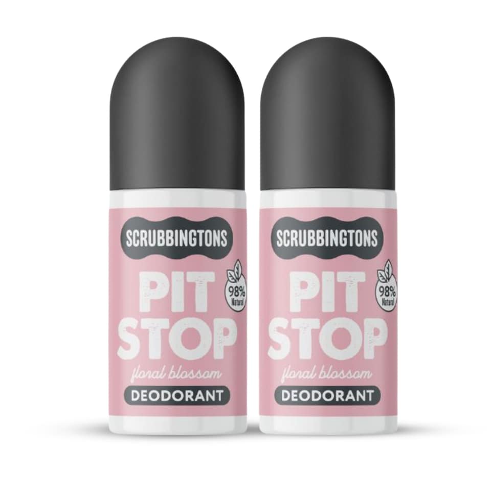 Scrubbingtons Pit Stop Natural Deodorant For Women, Roll on For Sensitive Skin Made in UK Paediatrician approved, Aluminium & Alcohol Free, Vegan & Cruelty Free, Floral Blossom, 75ml x 2 | White | White | 2