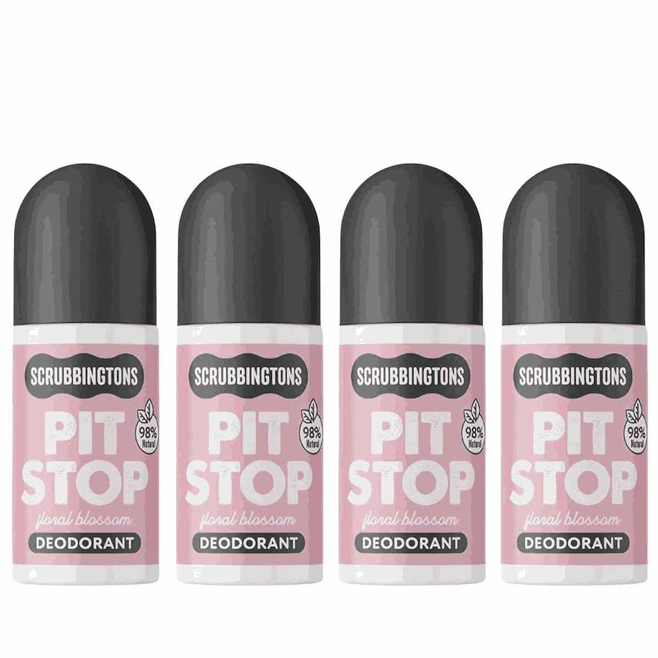 Scrubbingtons Pit Stop Natural Deodorant For Women, Roll on For Sensitive Skin Made in UK Paediatrician approved, Aluminium & Alcohol Free, Vegan & Cruelty Free, Floral Blossom, 75ml x 4 | White | 4