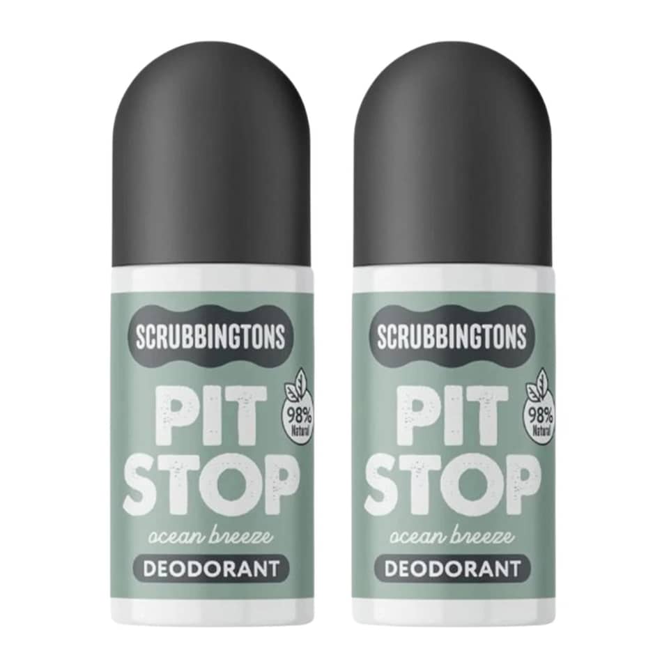Scrubbingtons Pit Stop Natural Deodorant For Women, Men, Roll On For Sensitive Skin Paediatrician approved, Aluminium & Alcohol Free, Vegan & Cruelty Free, Ocean Breeze 75ml x 2 | White | 2