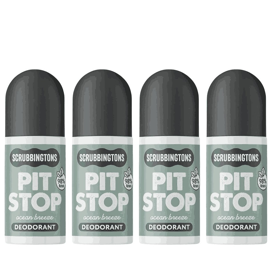 Scrubbingtons Pit Stop Natural Deodorant For Women, Men, Roll On For Sensitive Skin Paediatrician approved, Aluminium & Alcohol Free, Vegan & Cruelty Free, Ocean Breeze 75ml x 4 | White | 4
