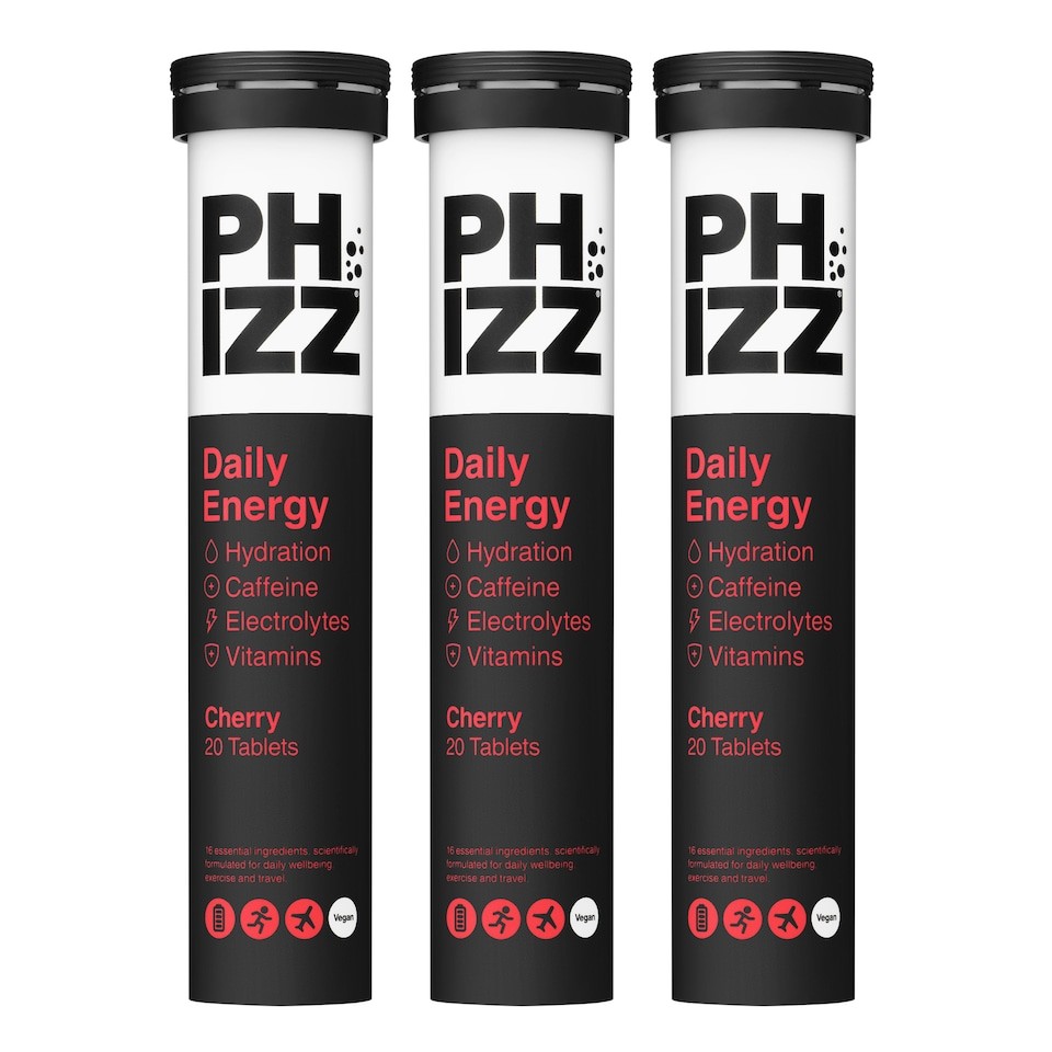 Phizz Cherry Caffeine + 3-in-1 Hydration, Electrolytes and Vitamins Effervescent (60 Tablets)