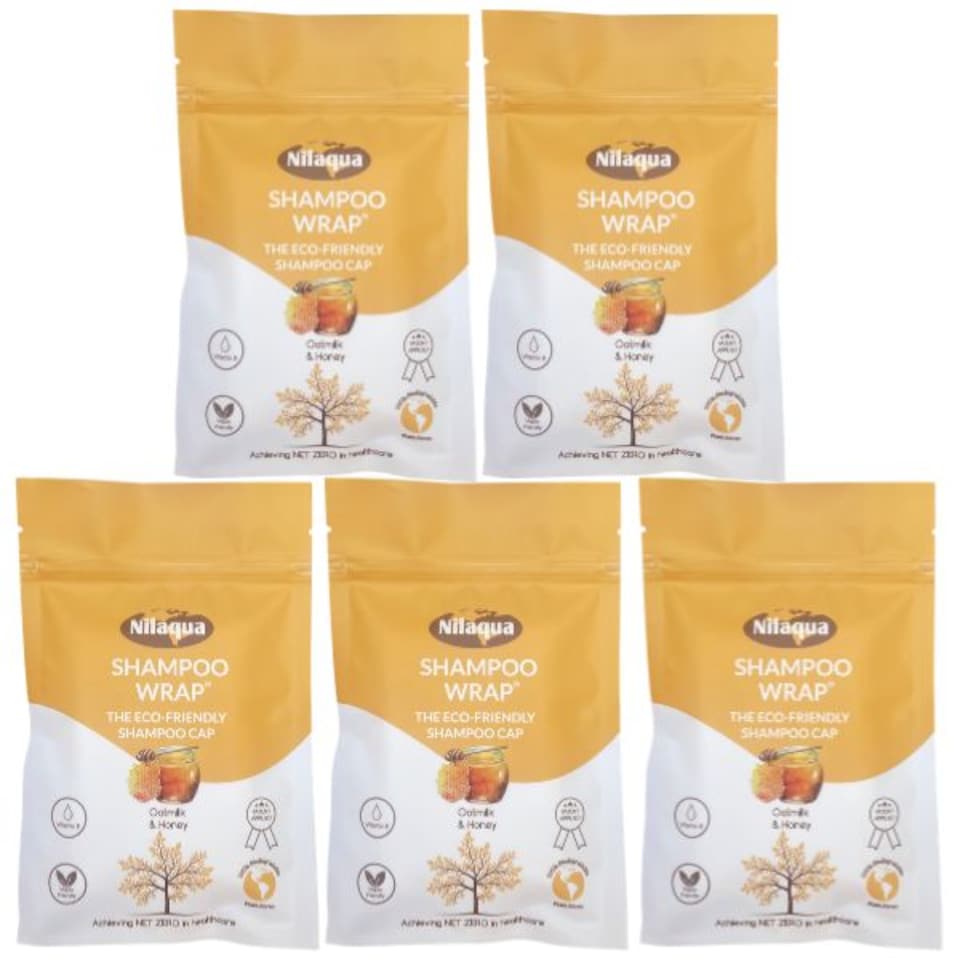 Nilaqua No Rinse Shampoo Cap World's First Biodegradable Bamboo Wrap With Oatmilk & Honey Fragrance 5 Pack