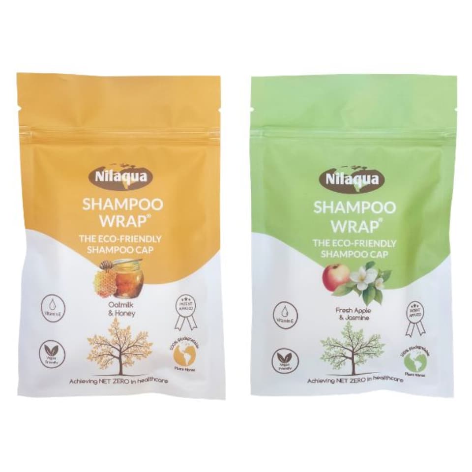 Nilaqua NO Rinse Shampoo Wrap the World's First Biodegradable Shampoo Cap Biodegradable Bamboo Waterless Hair Wash for Elderly Pleasant Fragrance Fresh Apple & Jasmine + Oatmilk & Honey 1pack