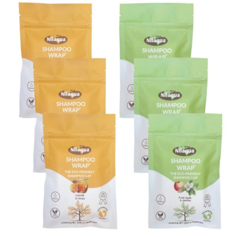 Nilaqua No Rinse Shampoo Wrap the World's First Biodegradable Shampoo Cap Biodegradable Bamboo Waterless Hair Wash for Elderly Pleasant Fragrance Fresh Apple & Jasmine + Oatmilk & Honey 3pack