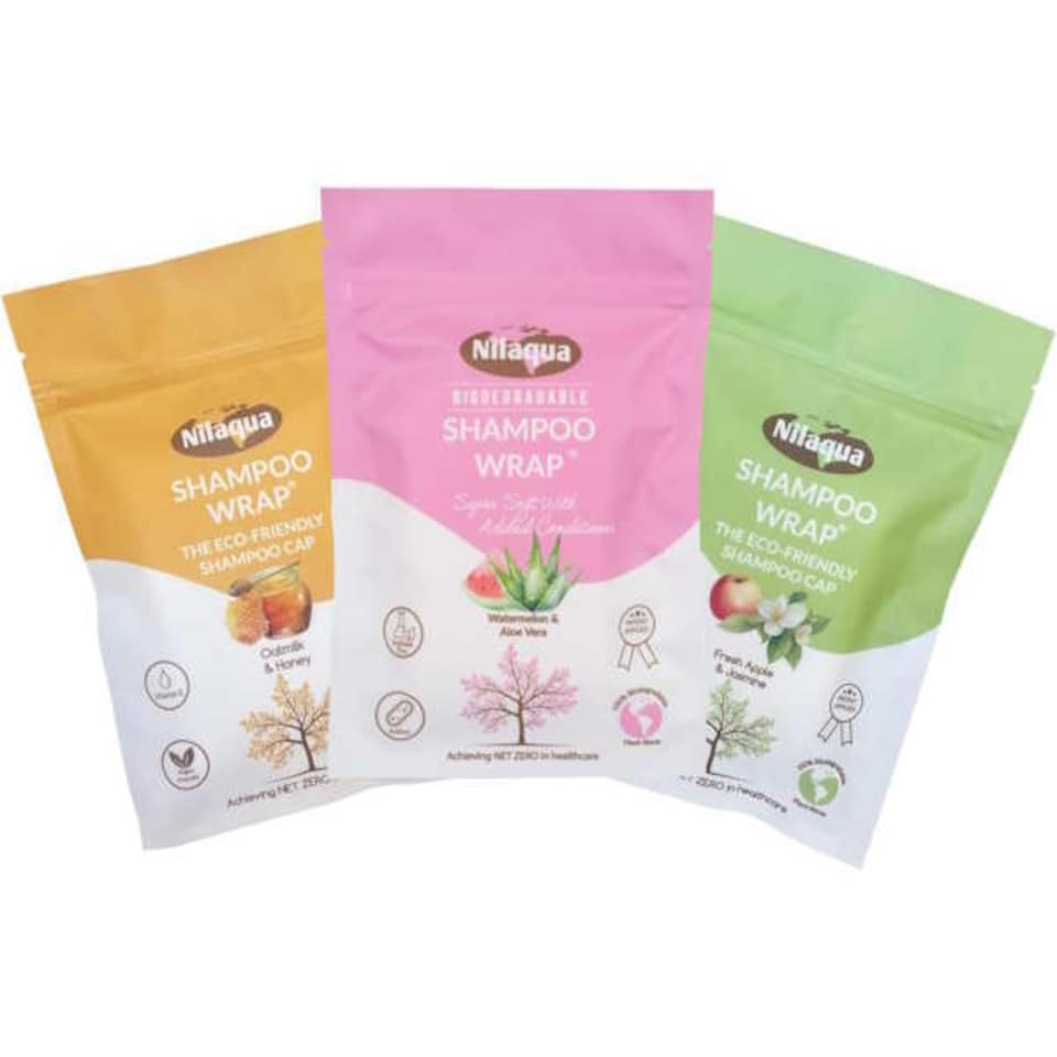 Nilaqua No Rinse Shampoo Cap Bundle Wraps Watermelon, Oatmilk & Apple