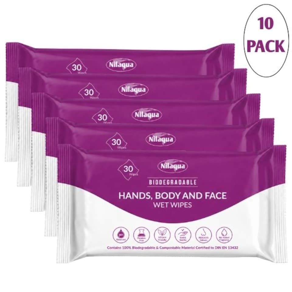 Nilaqua 30pk, Hands, Body and Face Wipes 10 Pack