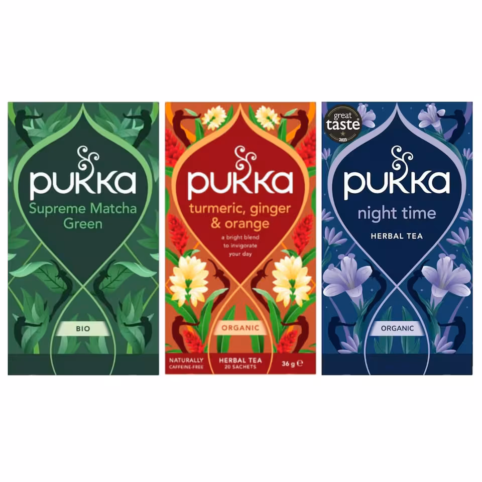 Pukka Herbs Organic Herbal Tea, Morning to Night Bundle with Supreme Matcha Green, Turmeric Ginger & Orange, & Night Time, 3 Packs of 20 Teabags | Multi