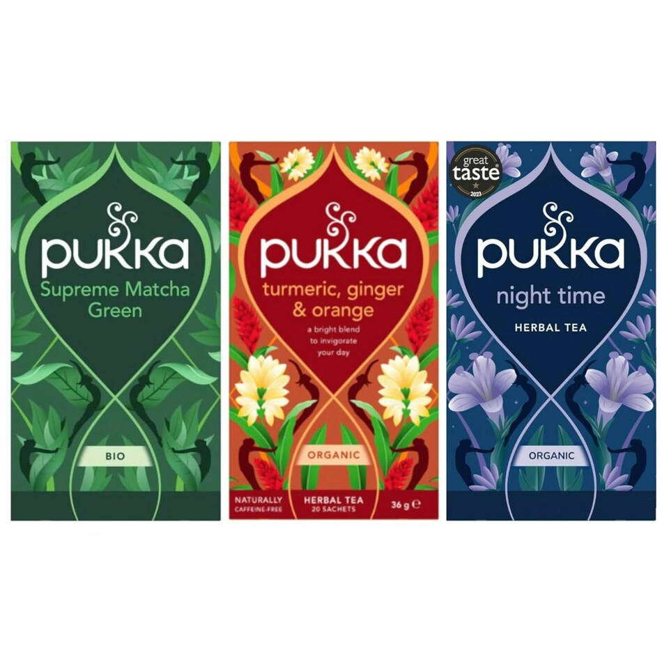 Pukka Herbs Organic Herbal Tea, Morning to Night Bundle with Supreme Matcha Green, Turmeric Ginger & Orange, & Night Time, 3 Packs of 20 Teabags | Multi
